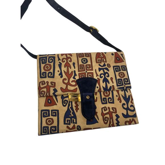 Saks Fifth Avenue Black Multicolor Suede Print Buckle Closure Purse - Picture 14 of 14